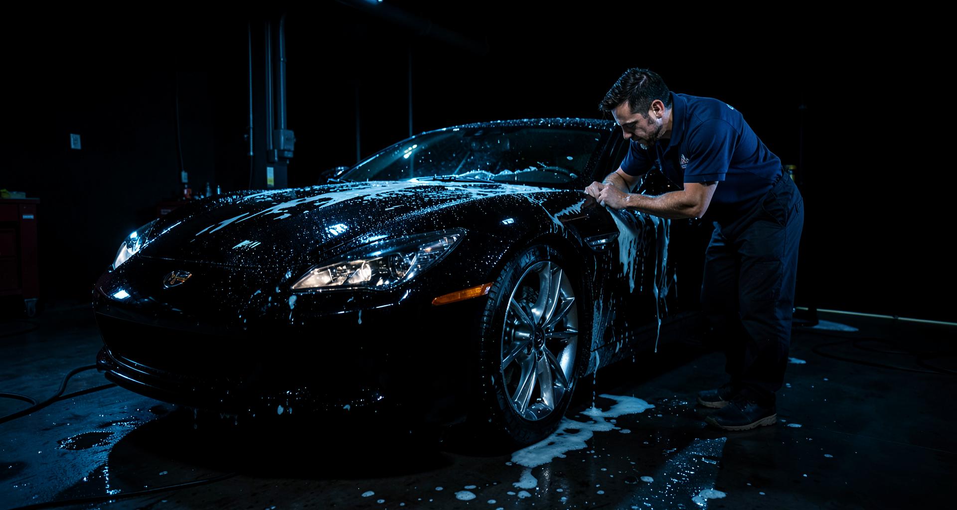 A detailer hand-washing a glossy black car under dramatic blue light